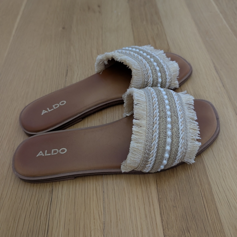 ALDO Women's Tan Fringe Slide Sandals - Picture 2 of 6